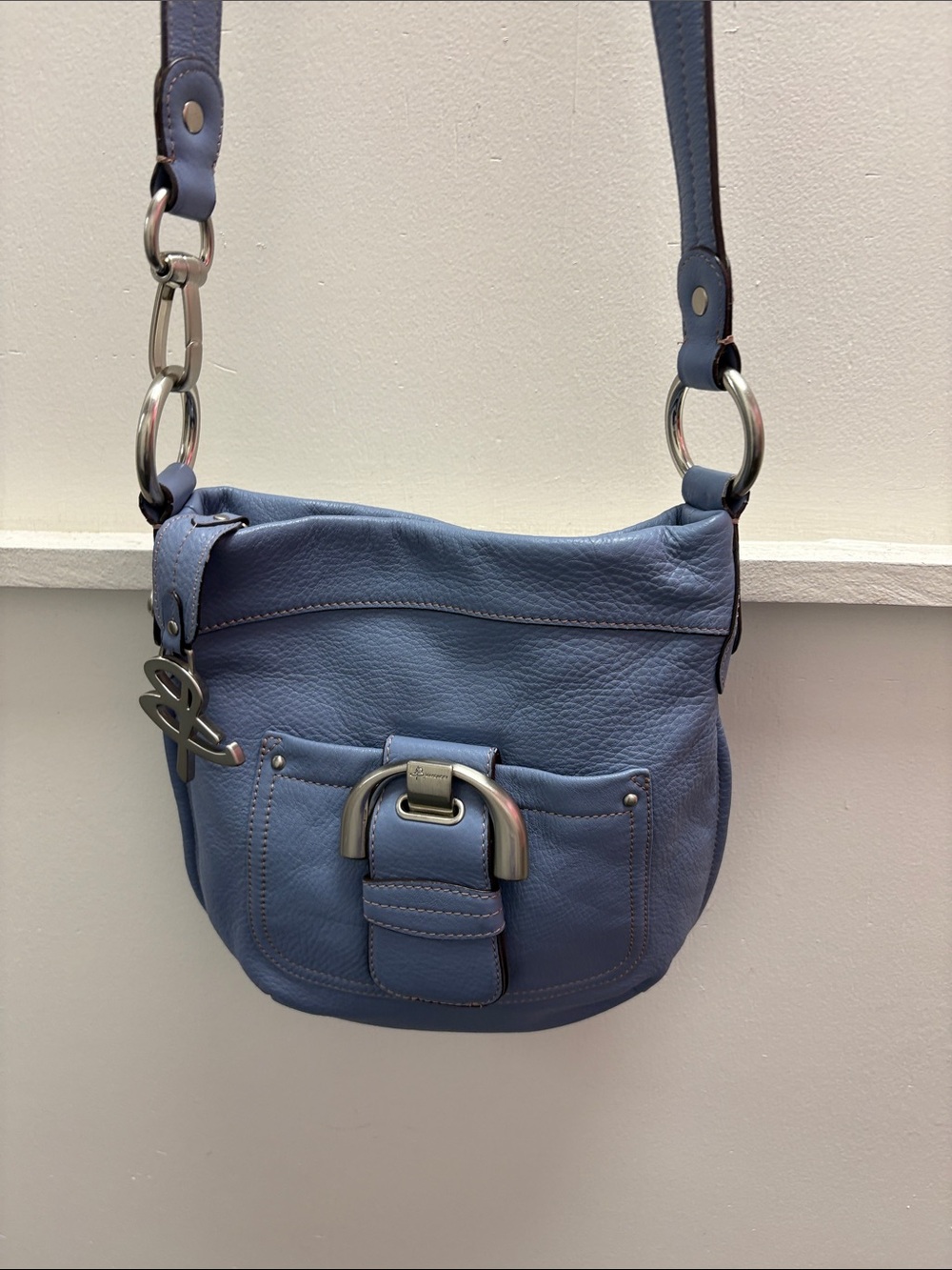 b. makowsky Blue Leather Crossbody with Silver Hardware